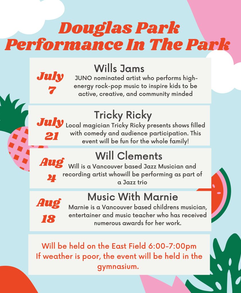 Douglas Park Performance In The Park July 7 Wills Jams JUNO nominated artist who performs highenergy rock-pop music to inspire kids to be active, creative, and community minded July 21 Tricky Ricky Local magician Tricky Ricky presents shows filled with comedy and audience participation. This event will be fun for the whole family! Aug 4 Will Clements Will is a Vancouver based Jazz Musician and recording artist whowill be performing as part of a Jazz trio Aug 18 Music With Marnie Marnie is a Vancouver based childrens musician, entertainer and music teacher who has received numerous awards for her work. Music With Marnie Will be held on the East Field 6:00-7:00pm If weather is poor, the event will be held in the gymnasium.